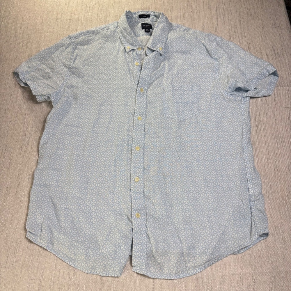 J.Crew Mens XL Slim Fit Linen Cotton Short Sleeve Button Down Blue Geometric